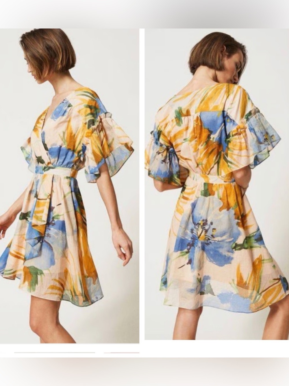 TWINSET Actitude Hamal Dress M Cotton Ruffle Muslin Faux Wrap Floral Lightweight